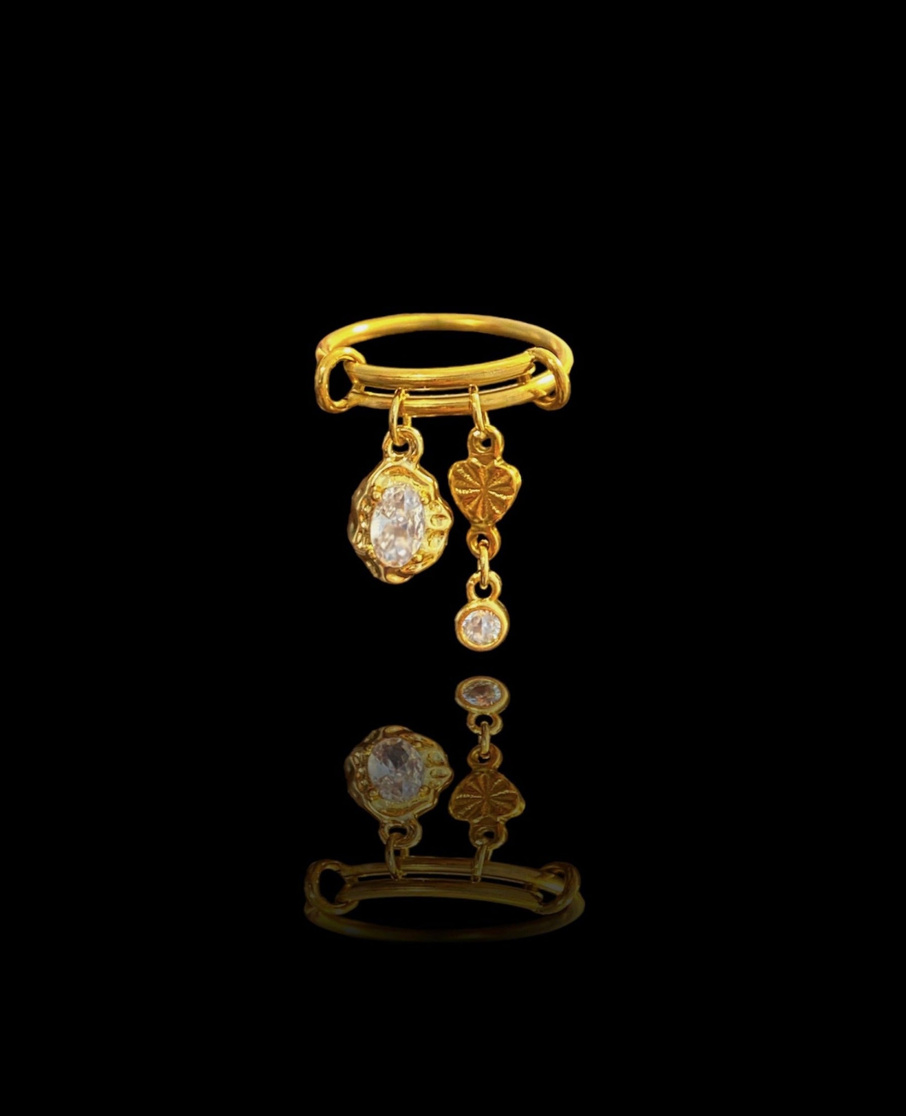 Gold dangle ring/charm ring stainless steel diamond